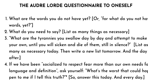 audre lorde questionnaire to oneself